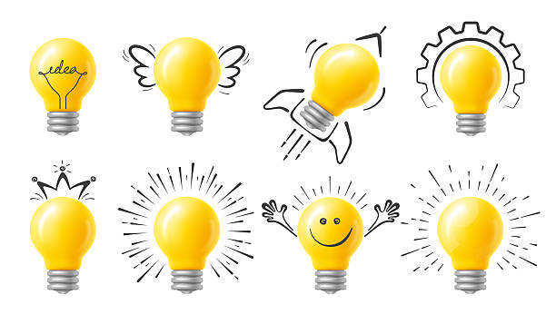 žluté 3d žárovky s kresbami doodle - elektrická lampa stock ilustrace
