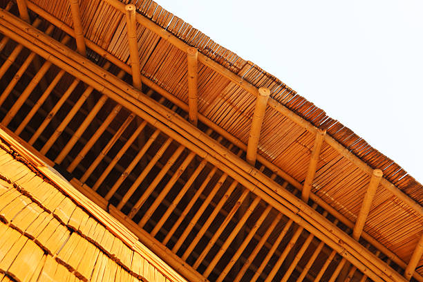Bottom view of bamboo ceiling roof structure.