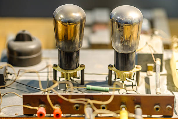 Close-up of vintage vacuum tubes in an old electronic device