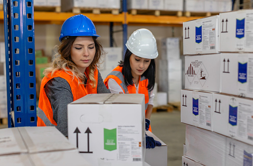 Warehouse Task Two Female Warehouse Workers Organizing Boxes And Coordinating ...