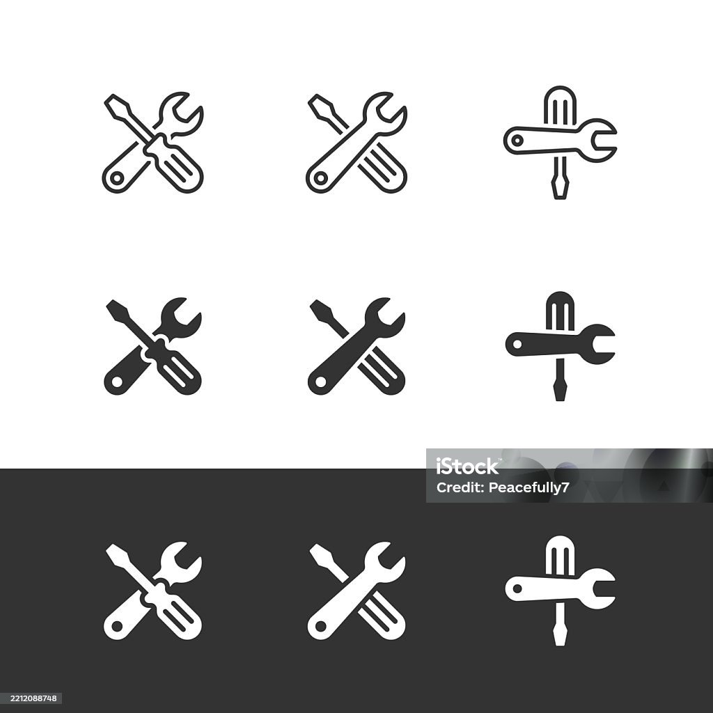 Wrench and screwdriver icon set in outline and solid styles. Separate the objects by a white line, with no cutting path that can be moved for editing the design. Editable stroke. - Royalty-free Símbolo de ícone arte vetorial Wrench and screwdriver icon set in outline and solid styles. Separate the objects by a white line, with no cutting path that can be moved for editing the design. Editable stroke. - Royalty-free Símbolo de ícone arte vetorial