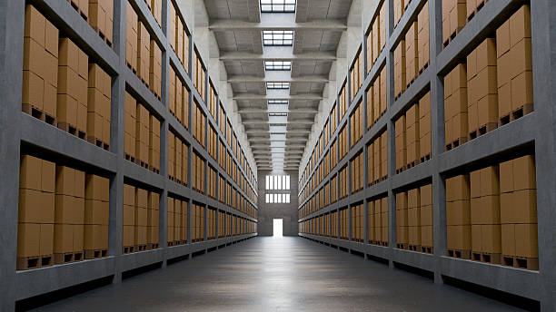 istock Large Modern Industrial Warehouse Interior with Cardboard Boxes on Shelves, Logistics and Storage Concept, 3D Render 2212093867