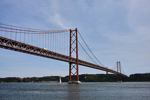 Suspension bridge and harbour, daytime, 25 April Bridge, Lisbon