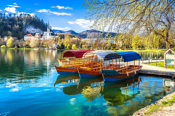 istock Bled, Slovenia.  Scenic Bled lake early spring coastline view 2212094583