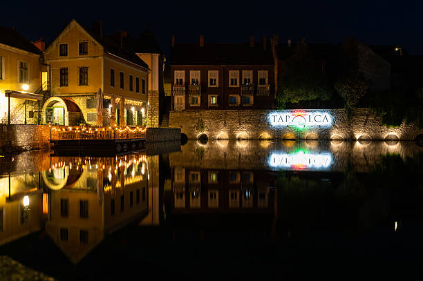 Night scene in Plaza Lagos, a luxury location with restaurants and artificial lake located in Samborondon city, Ecuador
