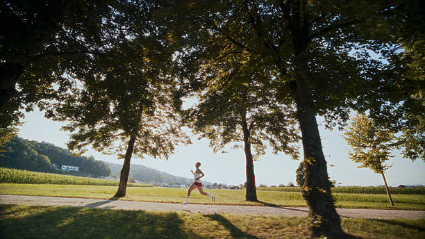 istock Mid Adult Man Running Along Rural Path Between Tall Trees In Morning Light 2212094680
