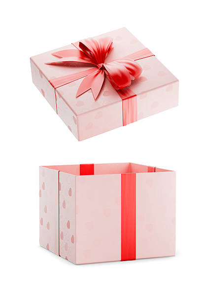 istock Opened package, gift in pink paper wrapper with hearts. Opened gift box pink. Isolated on white background. Transparent background. Christmas gift. Wedding anniversary gift. 3d visualization. 2212096323