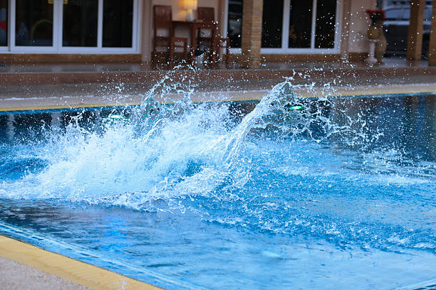 Private swimming pool with bubbles, Water surface & pool, Water Droplets Splash, bubbles from pool water jet filling hose