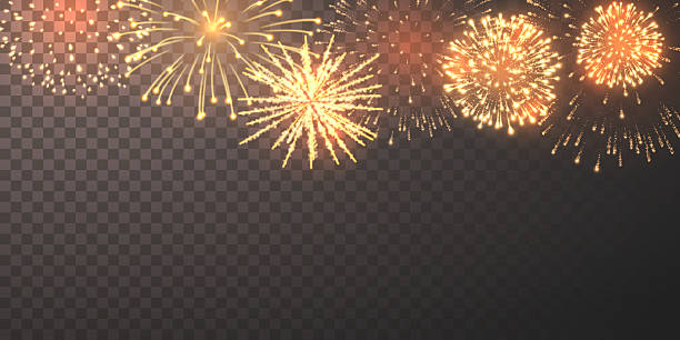 istock Golden Fireworks Border Display with Bright Sparkles and Glowing Light Bursts on Dark Transparent Background, Perfect for Celebration, Party, Festival, and Holiday Designs. Vector Illustration 2212098380