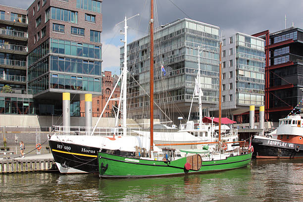 Hamburg - Hamburg - City view with boat in front, Germany - August 07, 2017
