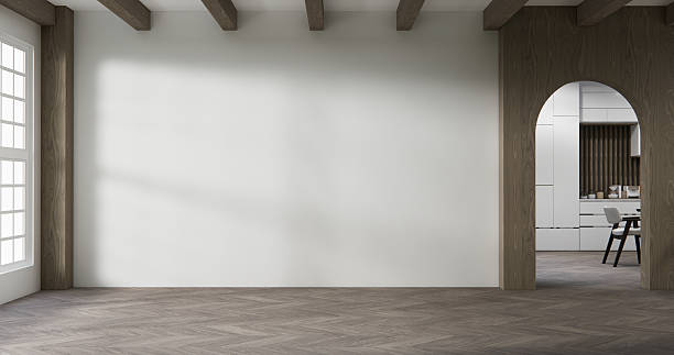 istock mock up empty room and art wood panels wall background 3D illustration rendering 2212106251
