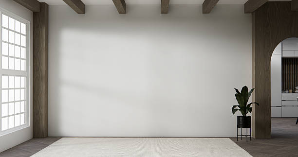 istock Mockup Empty room minimal with wood panels wall background 3D illustration rendering 2212106265
