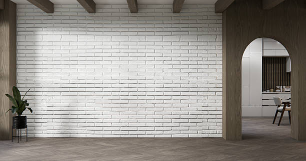 istock mock up empty room and art wood panels wall background 3D illustration rendering 2212106285