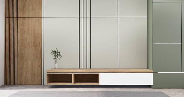 istock Mockup Empty cabinet shelf room minimal with modern wood panels wall background 3D illustration rendering 2212106381