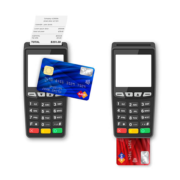 istock Bank terminal for payment purchase in store. Credit card inside and paper check receipt. Device for processing payments e-commerce. Vector illustration. 2212119575