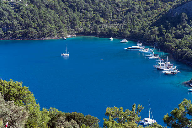 Gocek, Turkey - May 23, 2025: Marina in Gocek. Big luxury yacht in the seaport