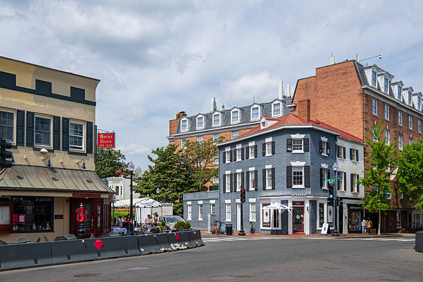 Historic row houses in federal Hill near the Inner Harbor of Baltimore Maryland flowing out to the Patapsco River and Chesapeake Bay