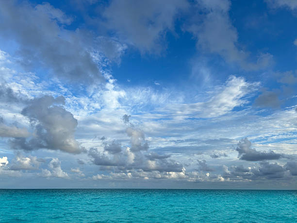 The horizon of the Caribbean Sea shows turbulent waters beneath an overcast sky, filled with dark, dramatic clouds hinting at an impending storm. The atmosphere feels charged and intense.