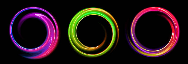 istock Set of glowing neon frames swirl shape with wavy dynamic lines isolated on black background. 2212129210