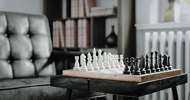 Cozy Interior with Chess Set on Coffee Table in Focus