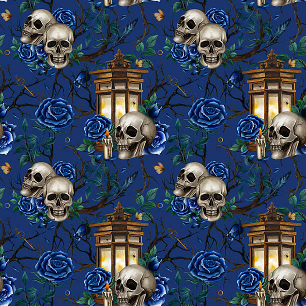 Day of the Dead seamless pattern human skulls, lantern, flowers and dry branches. Watercolor isolated illustration in Gothic style for Halloween on dark blue background. For wrapping paper, packaging Day of the Dead seamless pattern human skulls, lantern, flowers and dry branches. Watercolor isolated illustration in Gothic style for Halloween on dark blue background. For wrapping paper, packaging. clip art of a dead rose stock illustrations