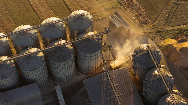 istock Industrial Truck Loading Grain from Large Silos at Golden Sunset 2212144336