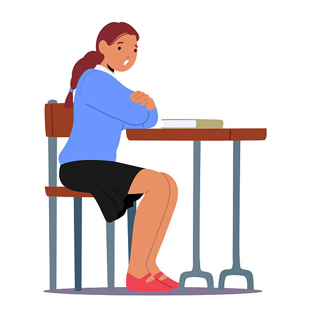 Smart intelligent schoolgirl sitting on chair with folded arms on table isolated on white background Smart intelligent schoolgirl sitting on chair with folded arms on table answering question of teacher school at lesson demonstrating good knowledge vector illustration isolated on white background book dedication stock illustrations