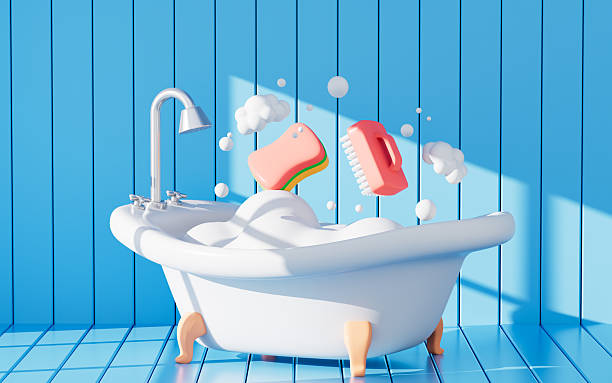 istock Cartoon bathroom, wooden floor and comfortable white bathtub , 3d rendering. 2212159098
