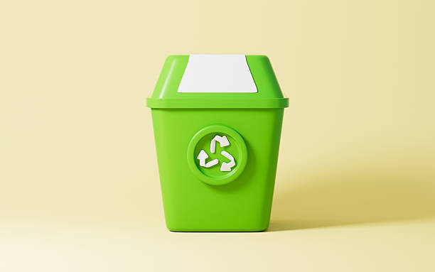 istock Cartoon trash can with a recyclable logo, garbage sorting, Environmental protection concept, 3d rendering. 2212159167