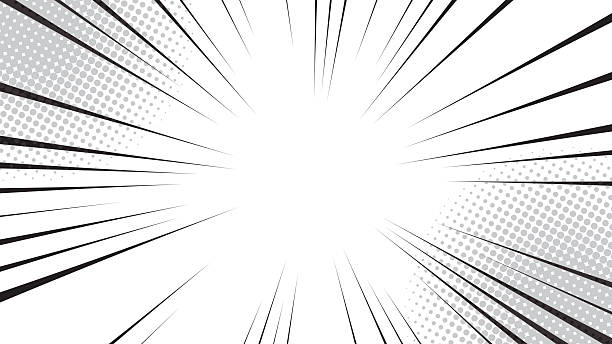 Comic book black and white radial lines background. Manga speed frame. Super hero action. Retro halftone comic burst template