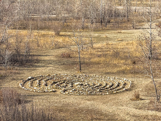 An aerial view captures a stone labyrinth on a dry, grassy field surrounded by bare trees