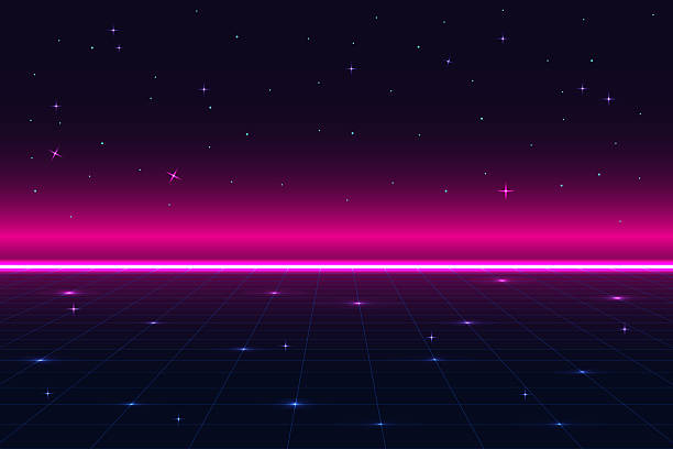 istock Retro cyberpunk pixel art game scene from the 80s. Dark pink 8-bit sci-fi background. Glowing neon grid and stars from a vintage arcade computer game. 2212174747