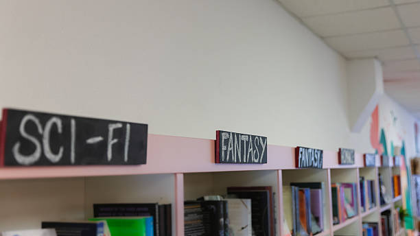 Book genre signs at the top of bookshelves inside of a small retail bookstore.