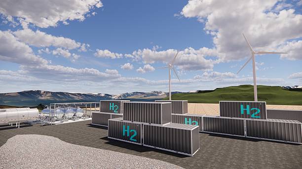 istock 3D rendering Factory Green Hydrogen Tank construction site.Renewable Clean Gas Storage Tanks of Hydrogen .Net zero concept. 2212178142