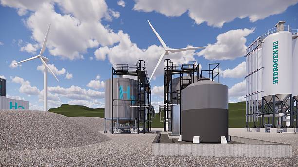 istock 3D rendering Factory Green Hydrogen Tank construction site.Renewable Clean Gas Storage Tanks of Hydrogen .Net zero concept. 2212178157