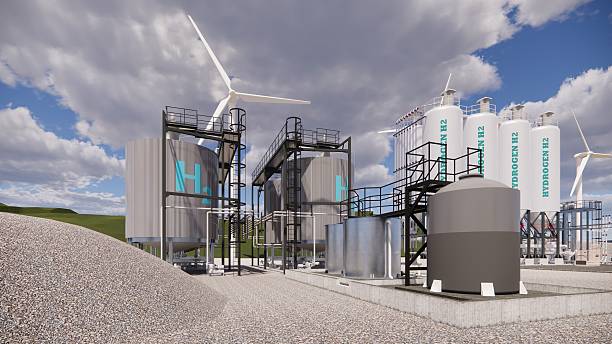 istock 3D rendering Factory Green Hydrogen Tank construction site.Renewable Clean Gas Storage Tanks of Hydrogen .Net zero concept. 2212178158