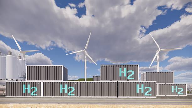 istock 3D rendering Factory Green Hydrogen Tank construction site.Renewable Clean Gas Storage Tanks of Hydrogen .Net zero concept. 2212178205