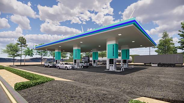 istock 3D rendering Hydrogen Refuelling Station.Renewable Clean Gas Storage Tanks of Hydrogen .Net zero concept. 2212178247