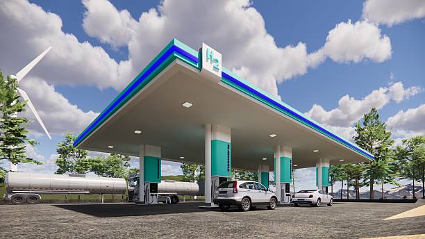 istock 3D rendering Hydrogen Refuelling Station.Renewable Clean Gas Storage Tanks of Hydrogen .Net zero concept. 2212178257