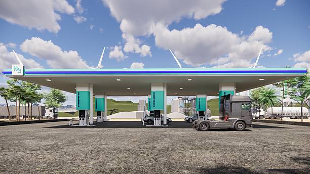 istock 3D rendering Hydrogen Refuelling Station.Renewable Clean Gas Storage Tanks of Hydrogen .Net zero concept. 2212178273
