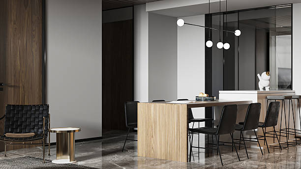 istock Modern Kitchen Island with Bar Stools and Linear Pendant Lighting 2212182641