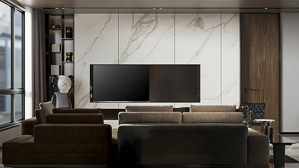 istock Modern Living Room with Sectional Sofa and Marble TV Wall 2212182672