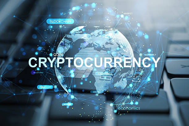 istock Futuristic digital concept of cryptocurrency and blockchain network over world map on keyboard background in modern financial technology theme. 2212182723