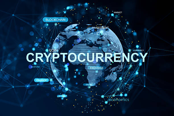 Futuristic cryptocurrency concept with digital connections and blockchain technology around Earth on dark background in glowing blue tones.. 3D Rendering
