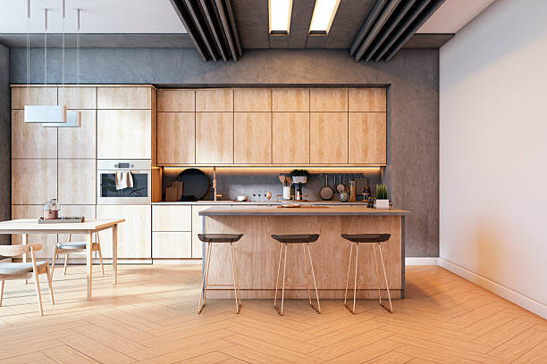 istock Modern wooden kitchen interior with stylish minimalist decor and lighting, featuring dining area and island counter in cozy home space. 3D Rendering 2212182951