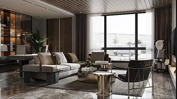 istock Modern Open Plan Living and Workspace with Large Window and Sculptural Decor 2212182976
