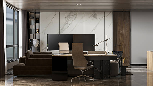 istock Modern Open Plan Living and Workspace with Marble Accent Wall and TV 2212182978