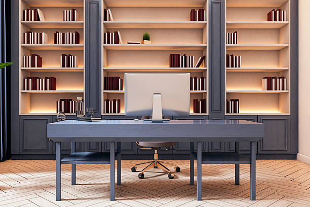 istock Modern luxury executive office interior with spacious wooden desk, elegant shelves and contemporary chair in clean stylish workspace. 3D Rendering 2212182982