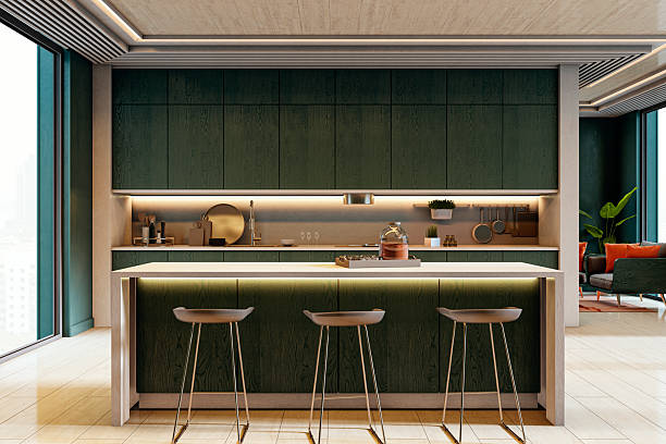 istock Modern green wooden kitchen interior with central island and stools in stylish eco-friendly home setting with city view through large windows. 3D Rendering 2212183049