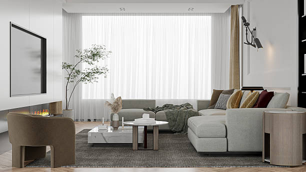 istock Bright Modern Living Room with Sectional Sofa and Fireplace 2212183405